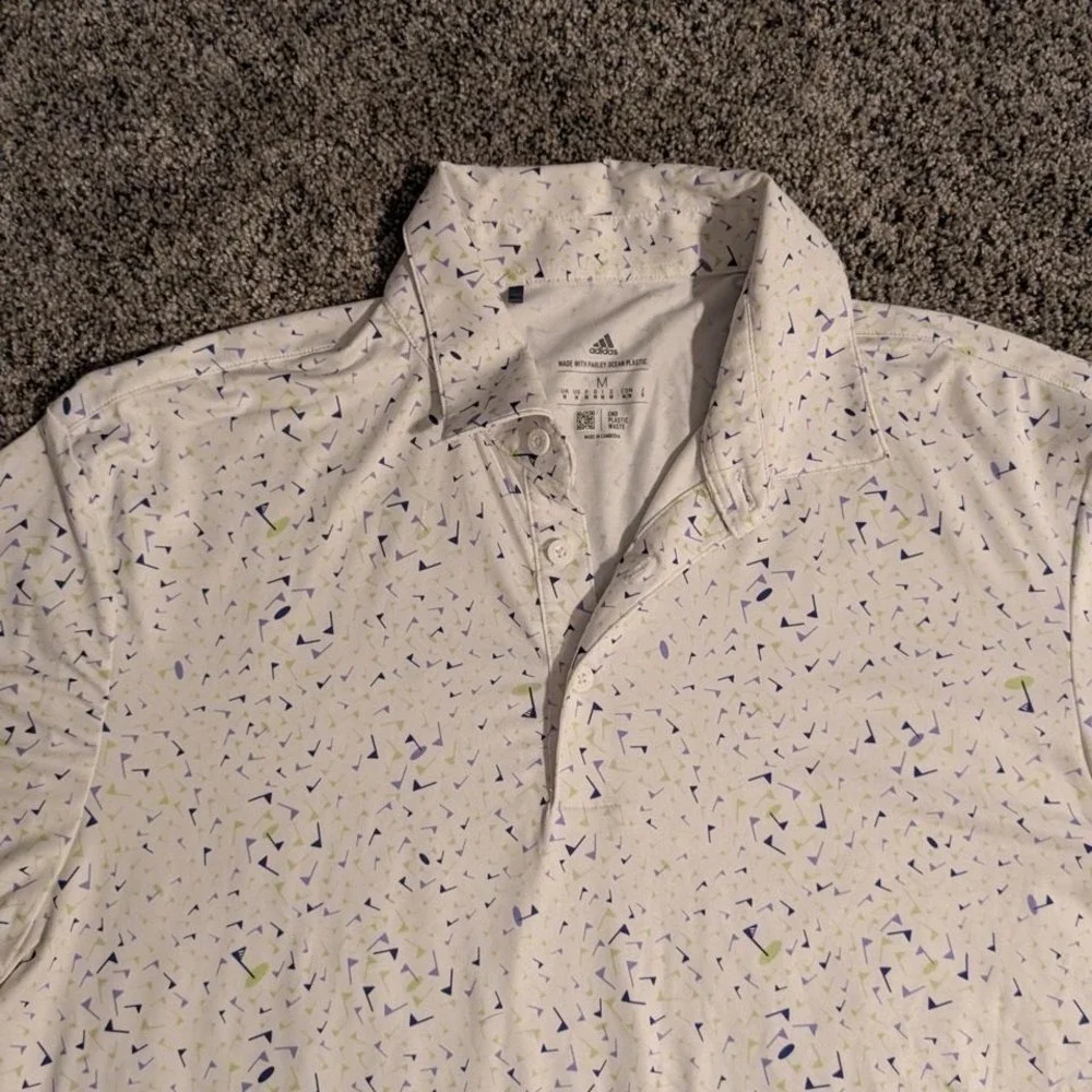 Adidas Golf‎ Mens Parley Ocean Plastic Polo Shirt White Blue Flag Print Size M